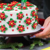 image of poinsettia cake made with red and green buttercream frosting