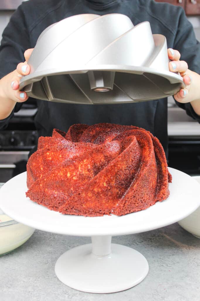 image of bundt cake easily popping out of a properly greased nordic ware bundt pan