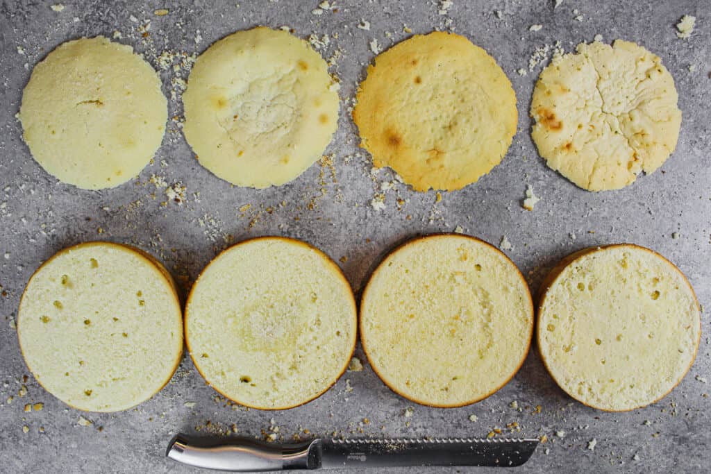 image of cake layers that are over-baked, over-mixed, underbaked, and made with too much flour