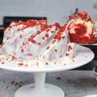 image of red velvet bundt cake filled with cream cheese