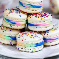 image of rainbow macarons stacked on a plate