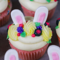 image of adorable and easy to make bunny cupcakes made with buttercream and fondant ears