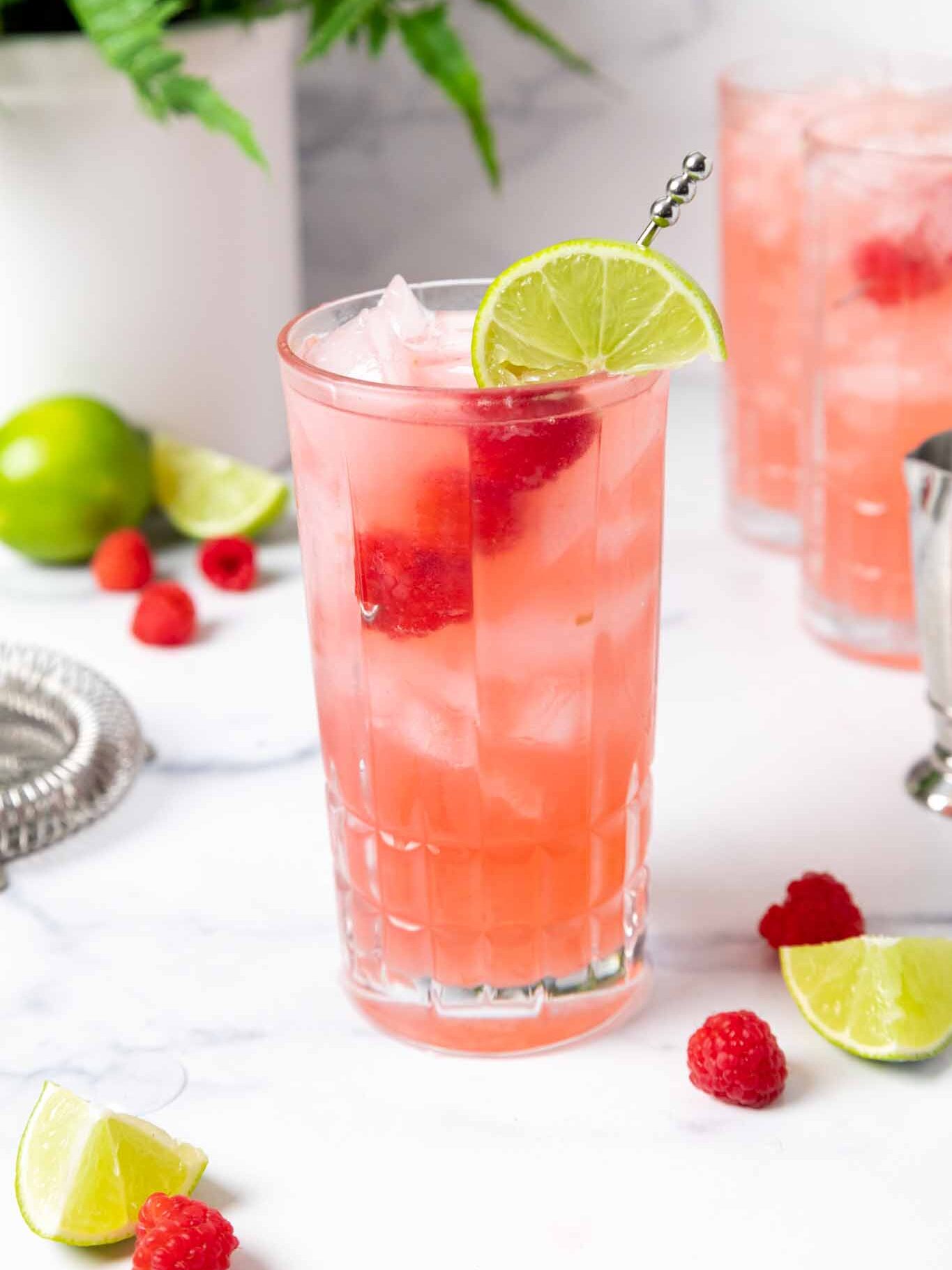 image of a floradora cocktail that's been garnished with a lime wedge and fresh raspberries