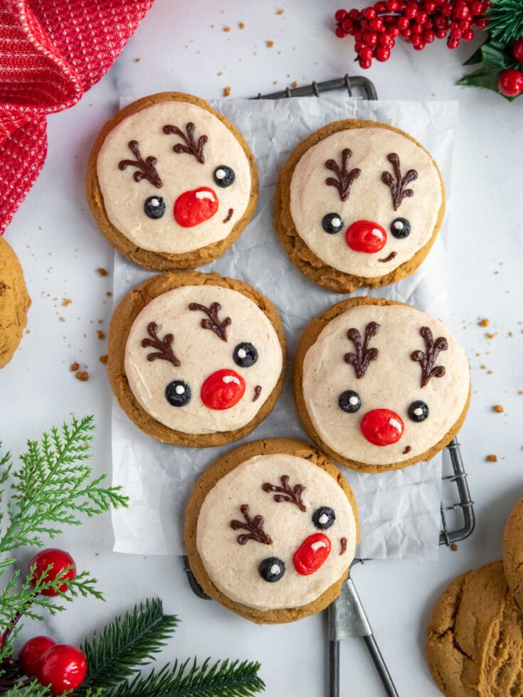 image of cute buttercream gingerbread reindeer cookies