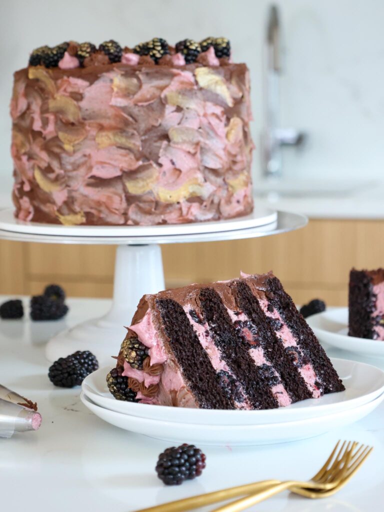 image of a chocolate blackberry cake slice on a plate