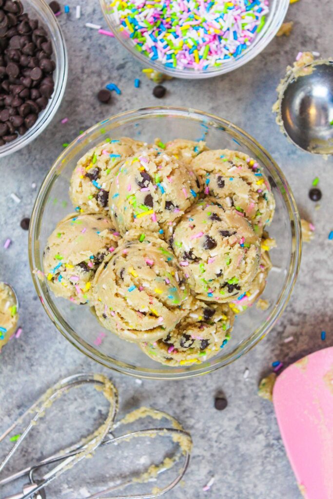 image of vegan edible cookie dough scooped into a bowl to be eaten