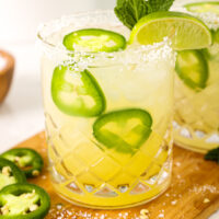 image of a skinny spicy margarita in a glass garnished with lime sugar