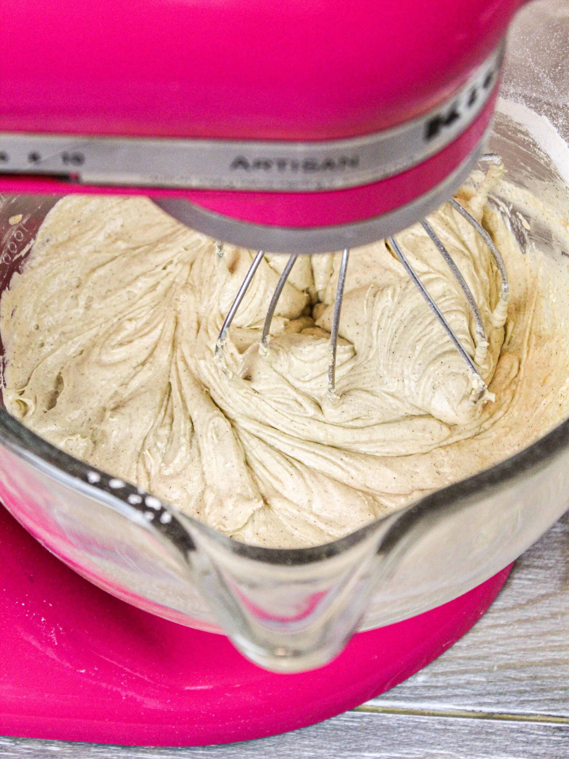 image of biscoff cupcake batter being made in a Kitchenaid