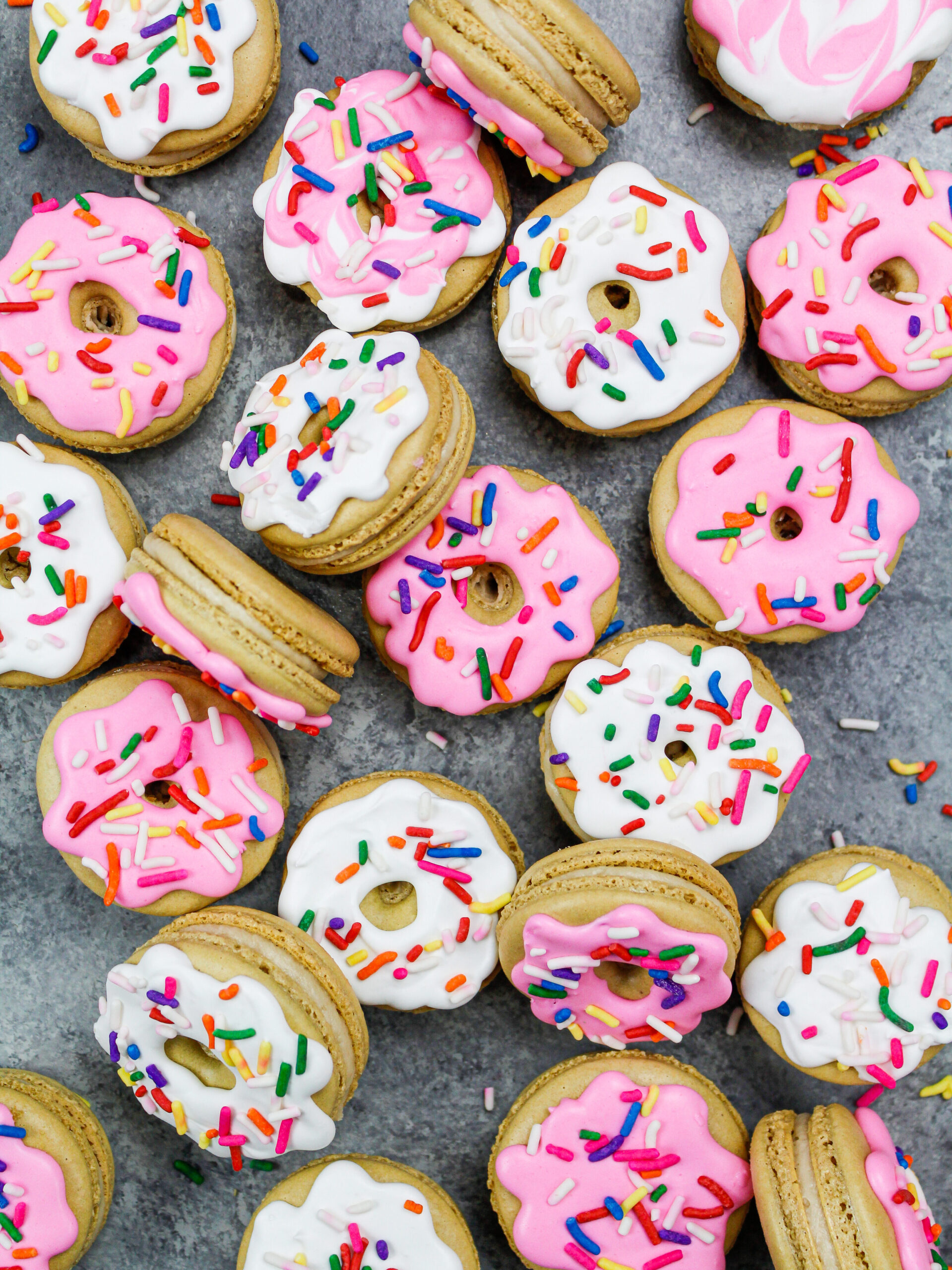 image of donut macarons iced with royal icing