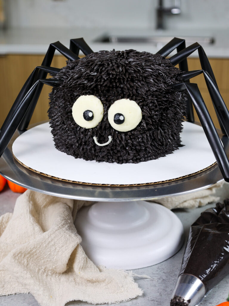 image of a cute halloween spider cake made with chocolate cake layers and chocolate buttercream frosting