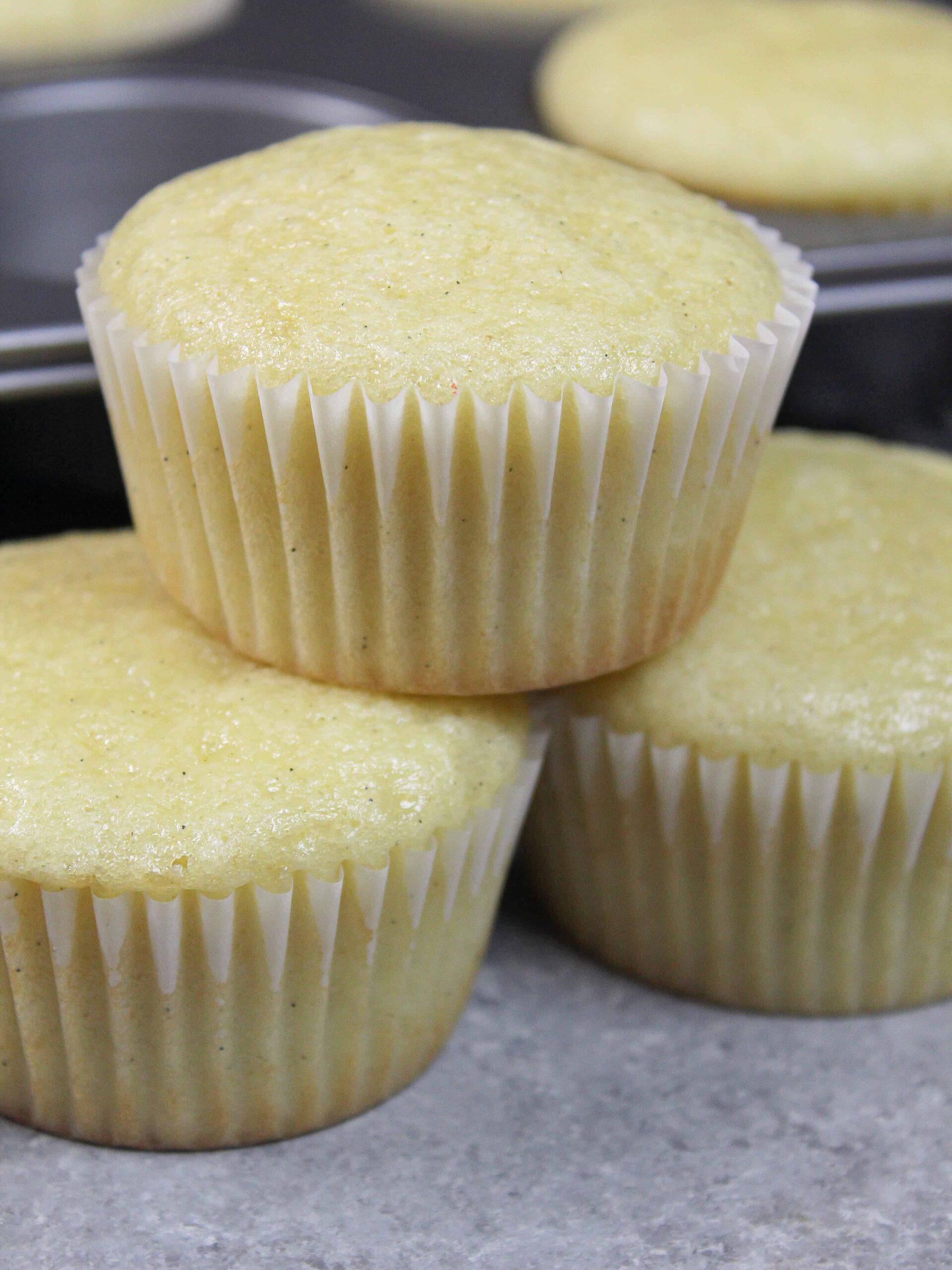 closeup image of gluten free vanilla cupcakes that aren't frosted yet