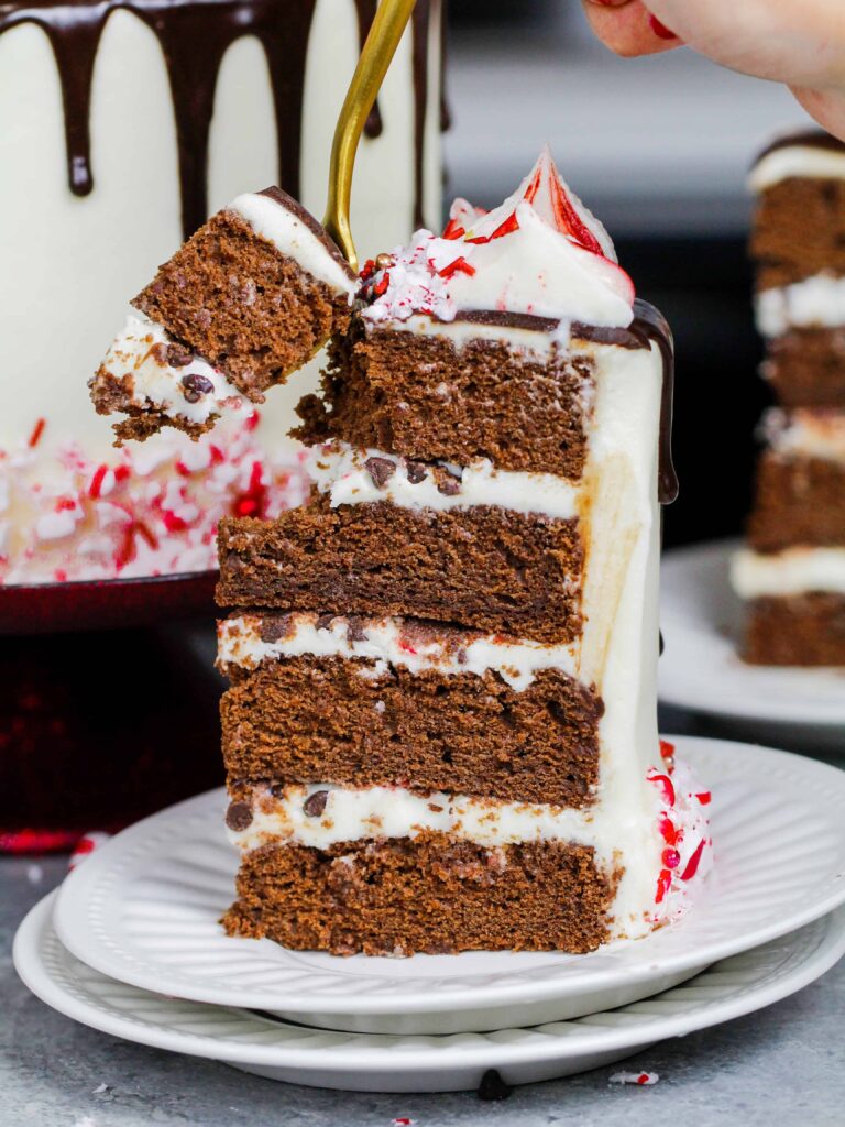 image of a slice of peppermint mocha cake being cut into with a fork