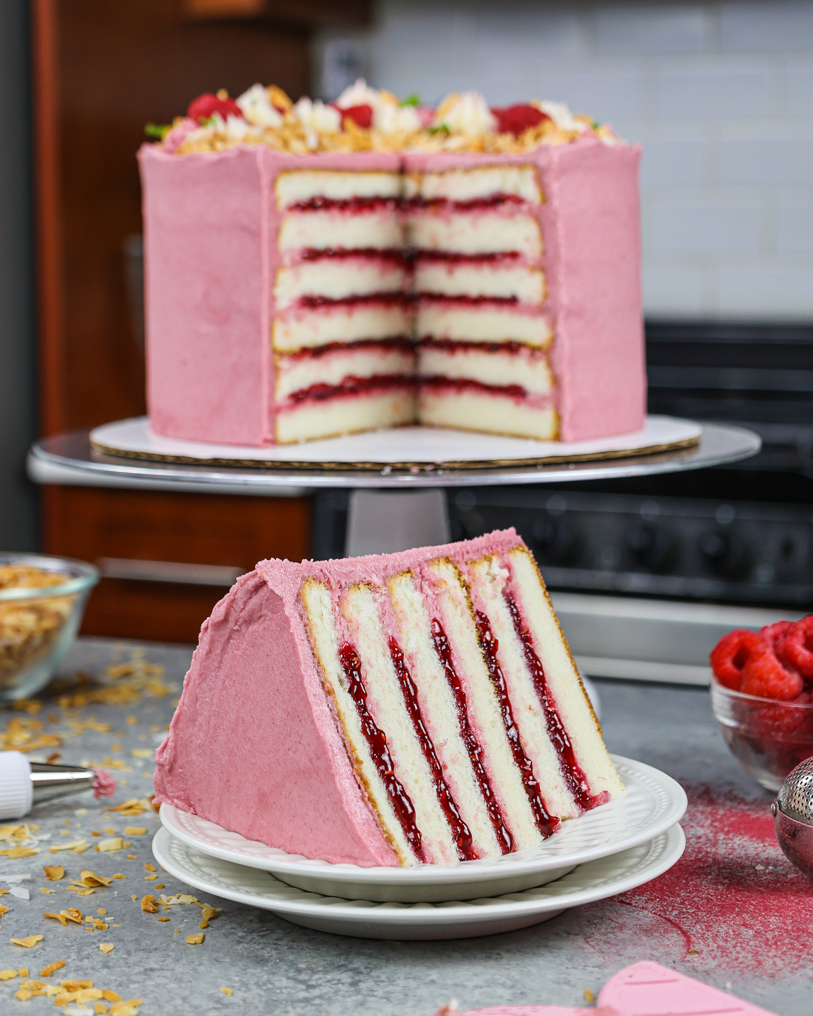 image of a slice of raspberry coconut cake