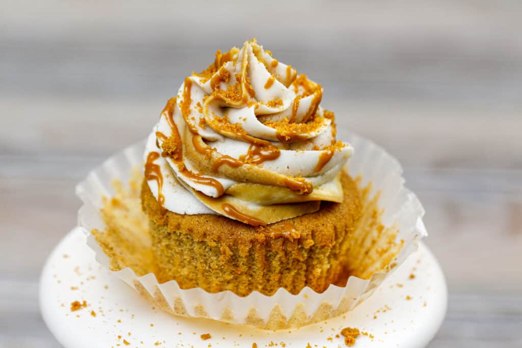 image of a biscoff cupcake make with cookie butter frosting and brown sugar cinnamon cupcakes