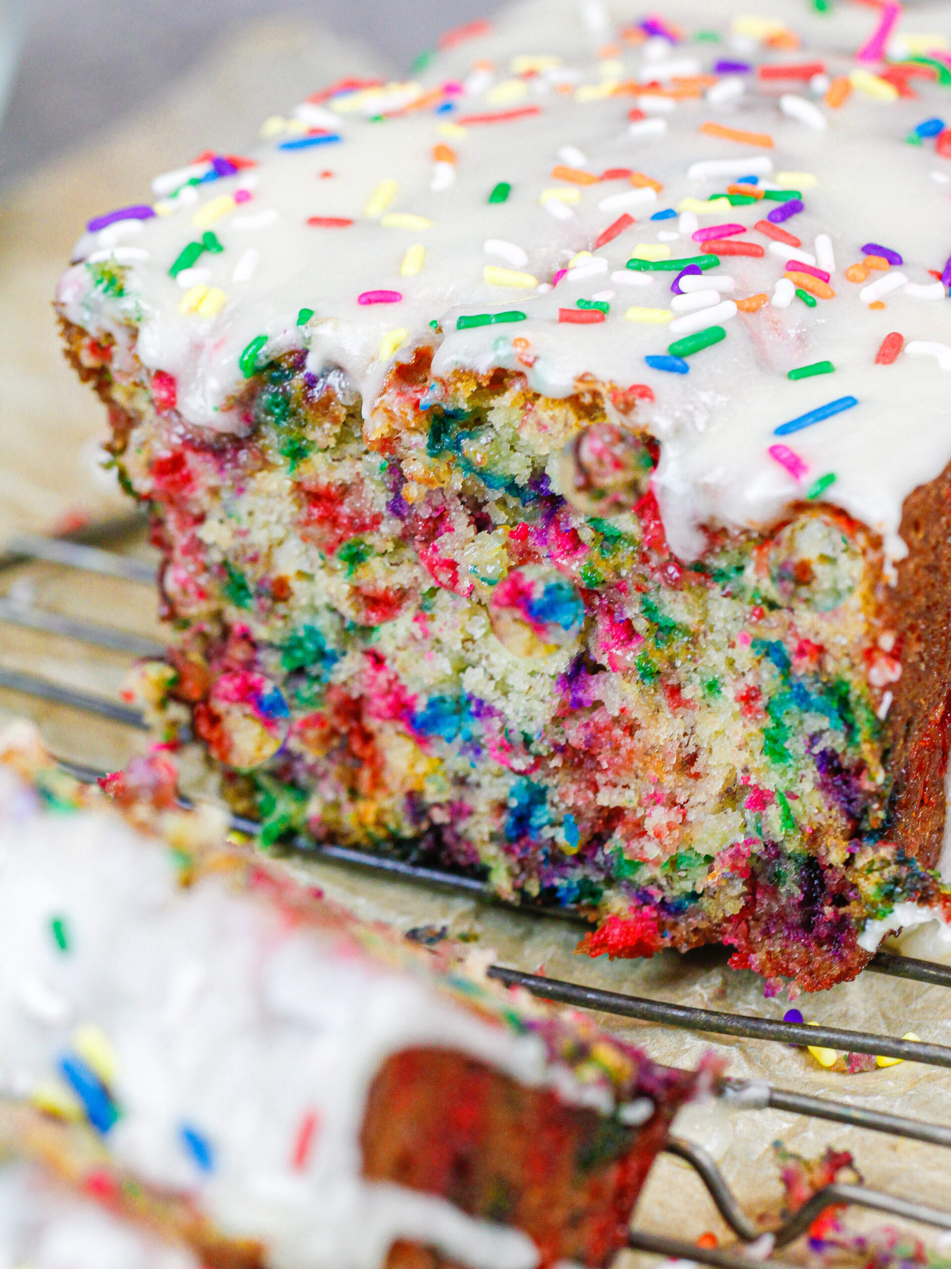 image of funfetti banana bread sliced and ready to be eaten