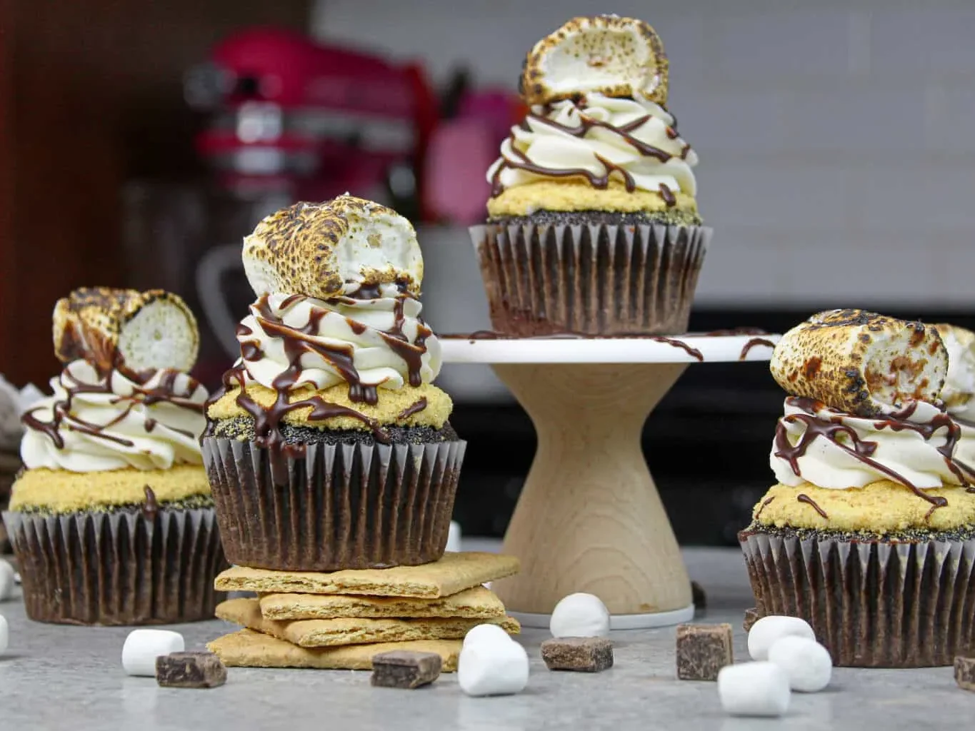 image of s'mores cupcakes made with chocolate cupcakes and marshmallow buttercream